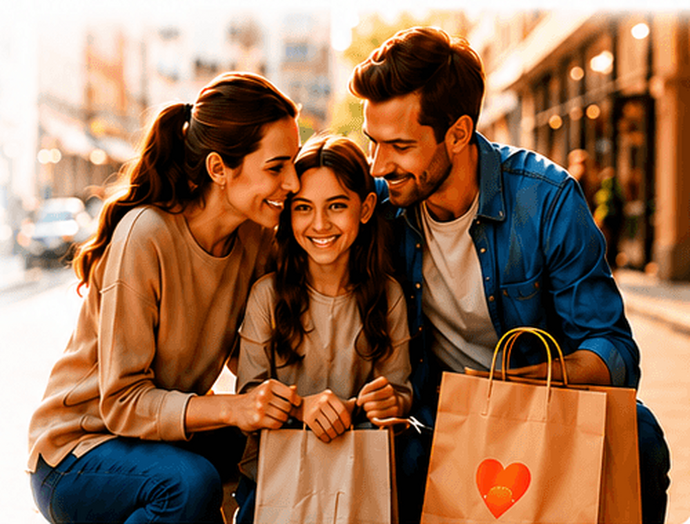 Une famille souriante avec des sacs d’achats Buyonik